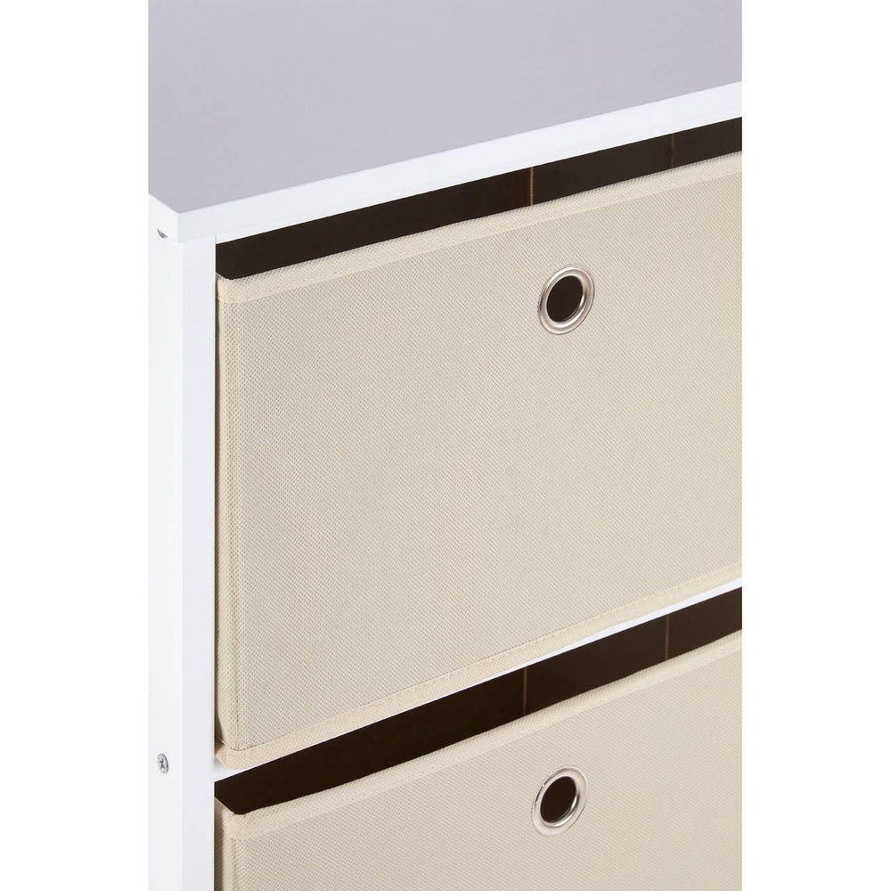 White storage unit with two beige fabric drawers and metal grommet handles, close-up view