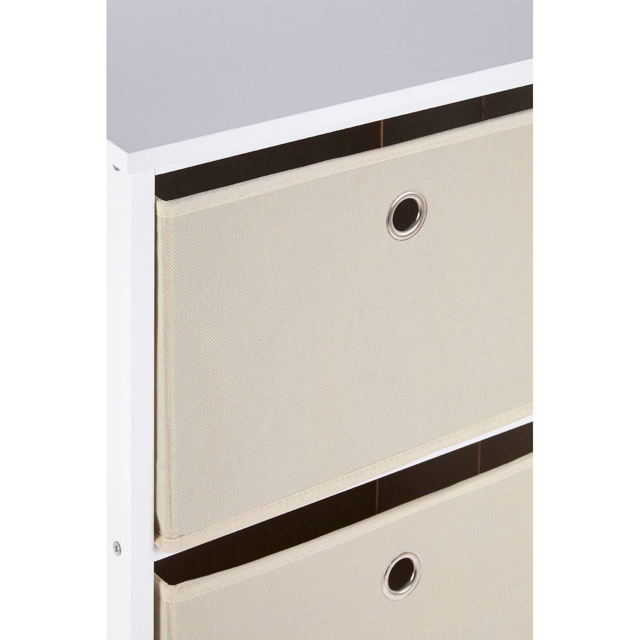 White storage unit with two beige fabric drawers and metal grommet handles, close-up view