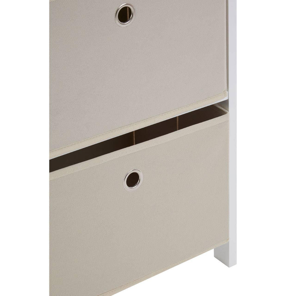 Beige fabric storage drawers with metal grommet handles in white frame, closeup