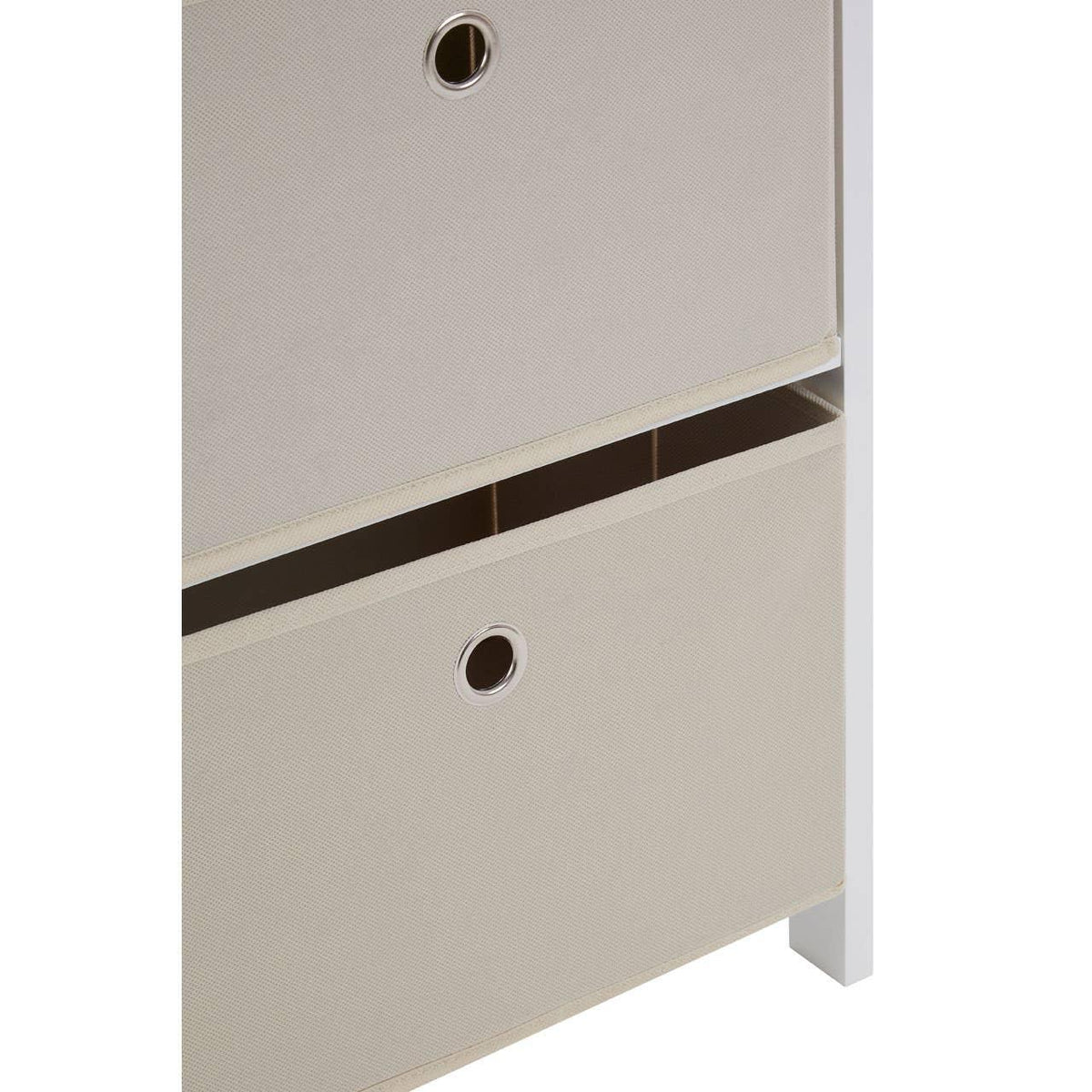 Beige fabric storage drawers with metal grommet handles in white frame, closeup