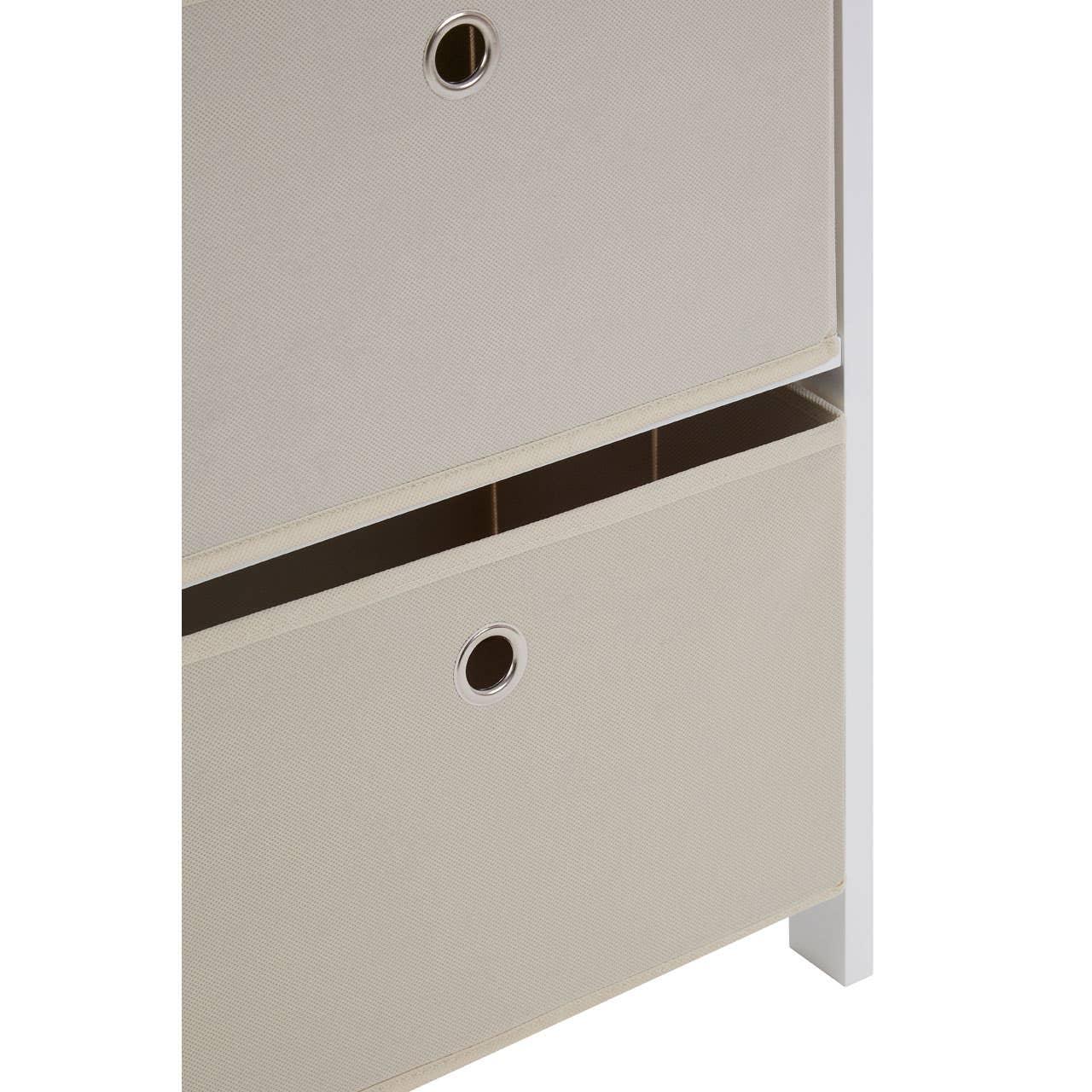 Beige fabric storage drawers with metal grommet handles in white frame, closeup