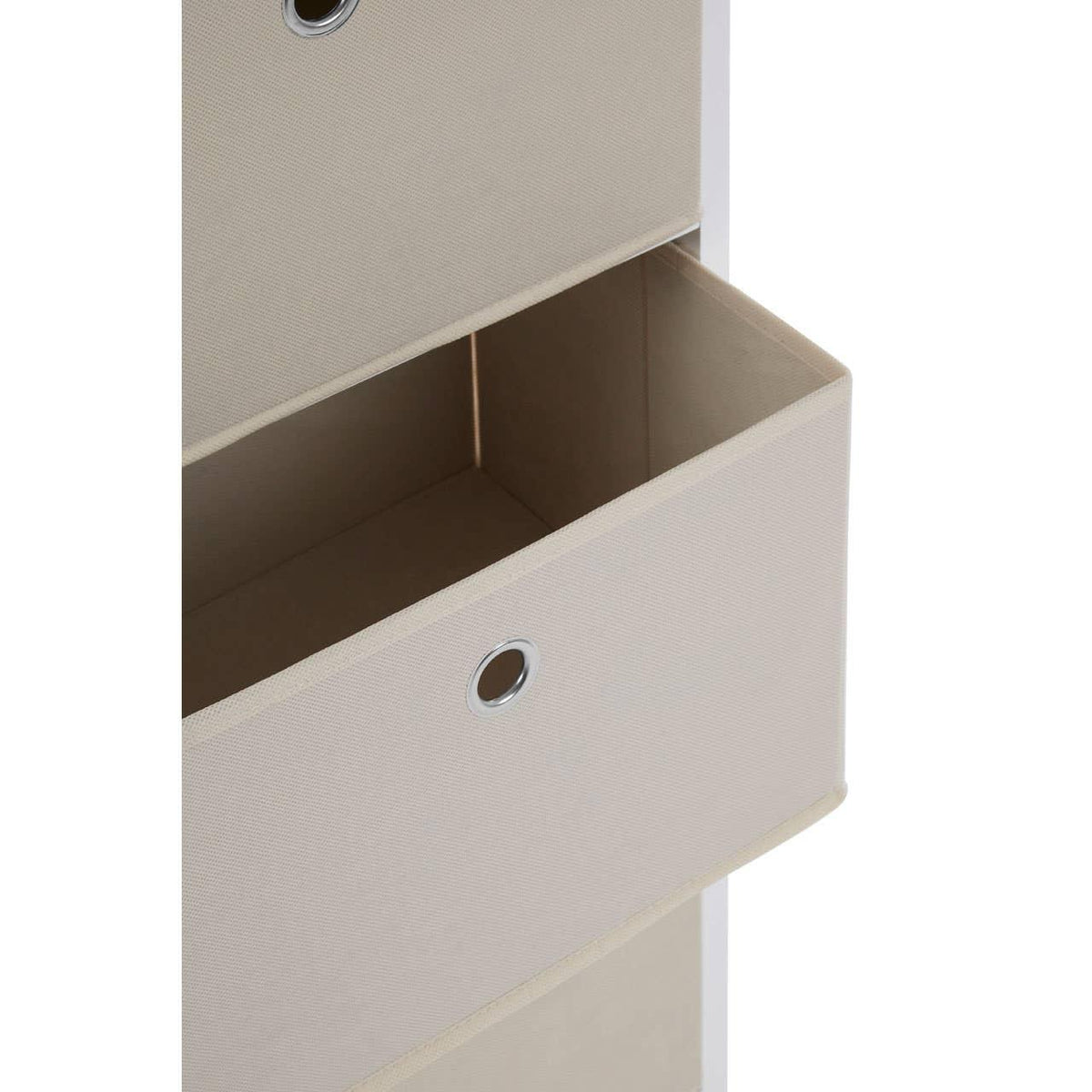 Beige fabric storage drawer with metal eyelet handle partially open