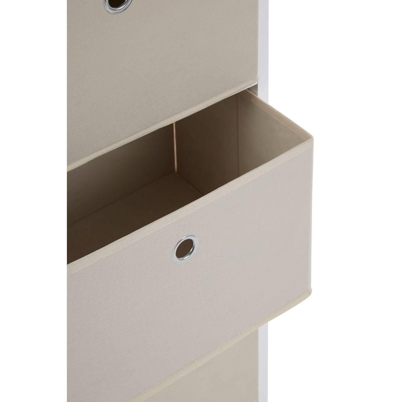 Beige fabric storage drawer with metal eyelet handle partially open