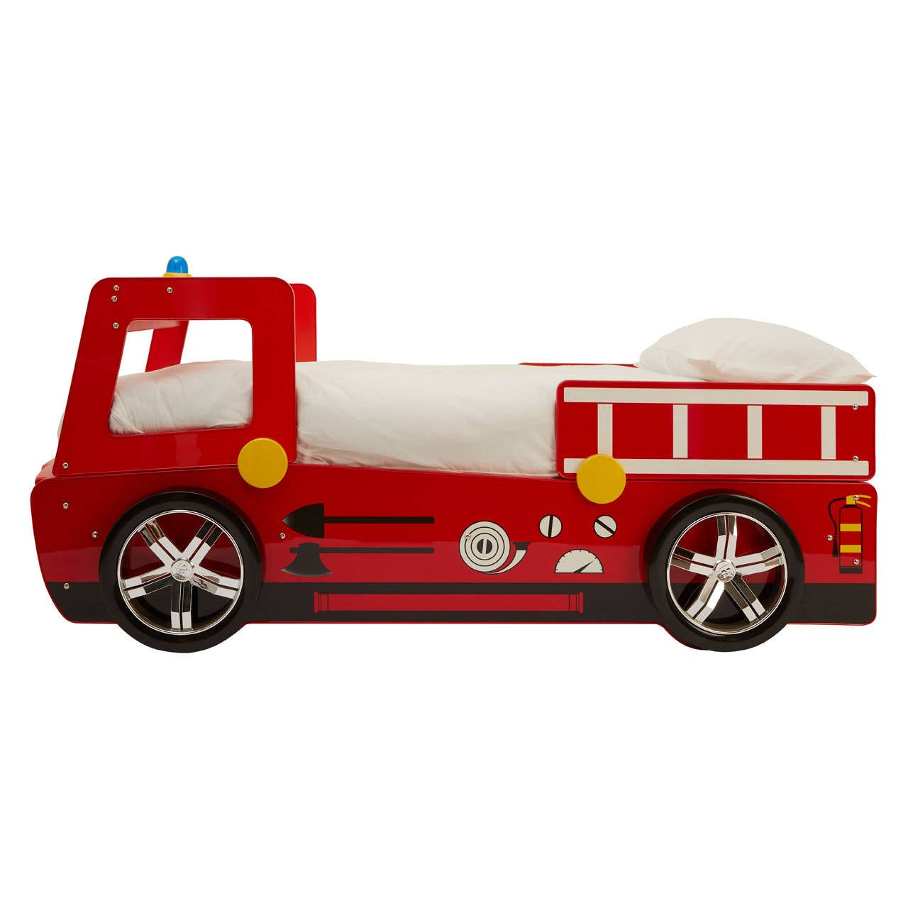 A vibrant red bed designed to resemble a fire engine, featuring white wheels and decorative details like a ladder and fire department symbols. The bed has a cozy mattress area, perfect for kids, and a playful design that adds a fun element to a child's bedroom