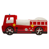 A vibrant red bed designed to resemble a fire engine, featuring white wheels and decorative details like a ladder and fire department symbols. The bed has a cozy mattress area, perfect for kids, and a playful design that adds a fun element to a child's bedroom
