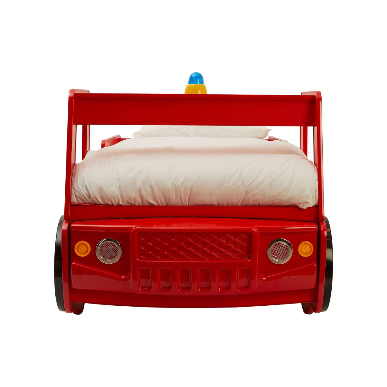 Bright red children's bed designed to resemble a fire engine, featuring a white mattress with a textured cover, and a blue light on top. The bed has black wheels and a playful front grille design, making it an engaging addition to a child's bedroom