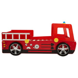 A bright red bed designed to resemble a fire engine, featuring decorative details like wheels, a ladder, and various fire truck elements. The bed has a playful and colorful design, making it suitable for children's rooms