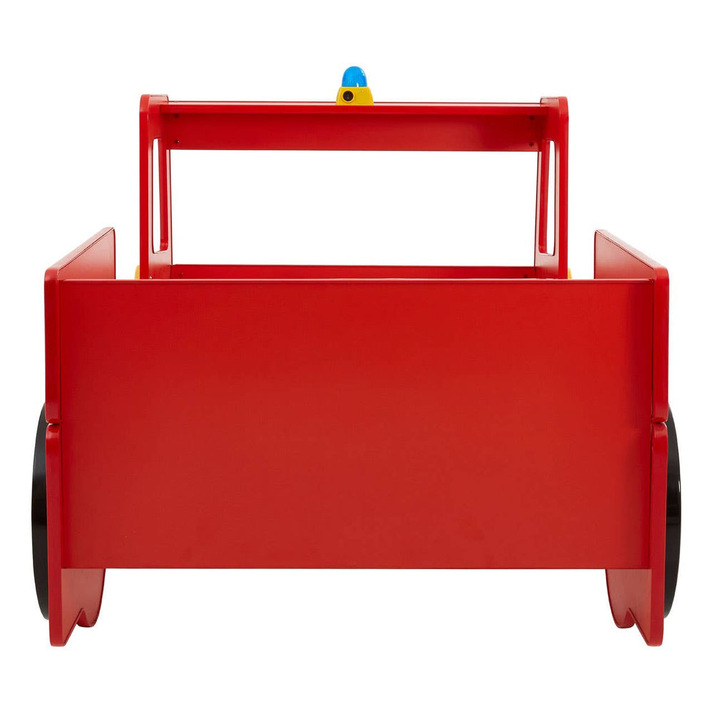 Bright red bed designed to resemble a fire engine, featuring a sturdy front with a handle and two large black wheels on either side. A colorful light on top adds a playful touch
