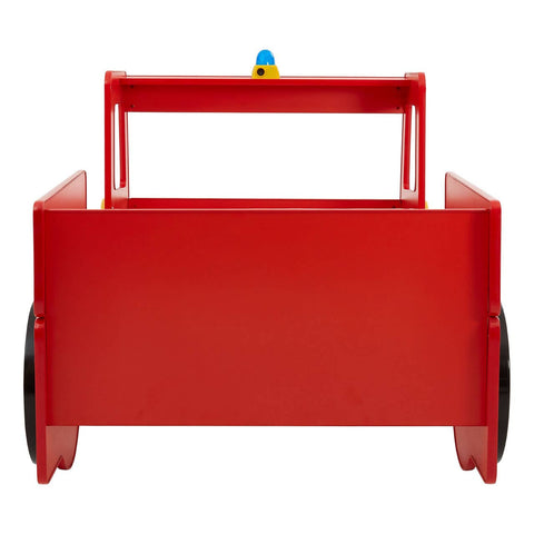 Bright red bed designed to resemble a fire engine, featuring a sturdy front with a handle and two large black wheels on either side. A colorful light on top adds a playful touch