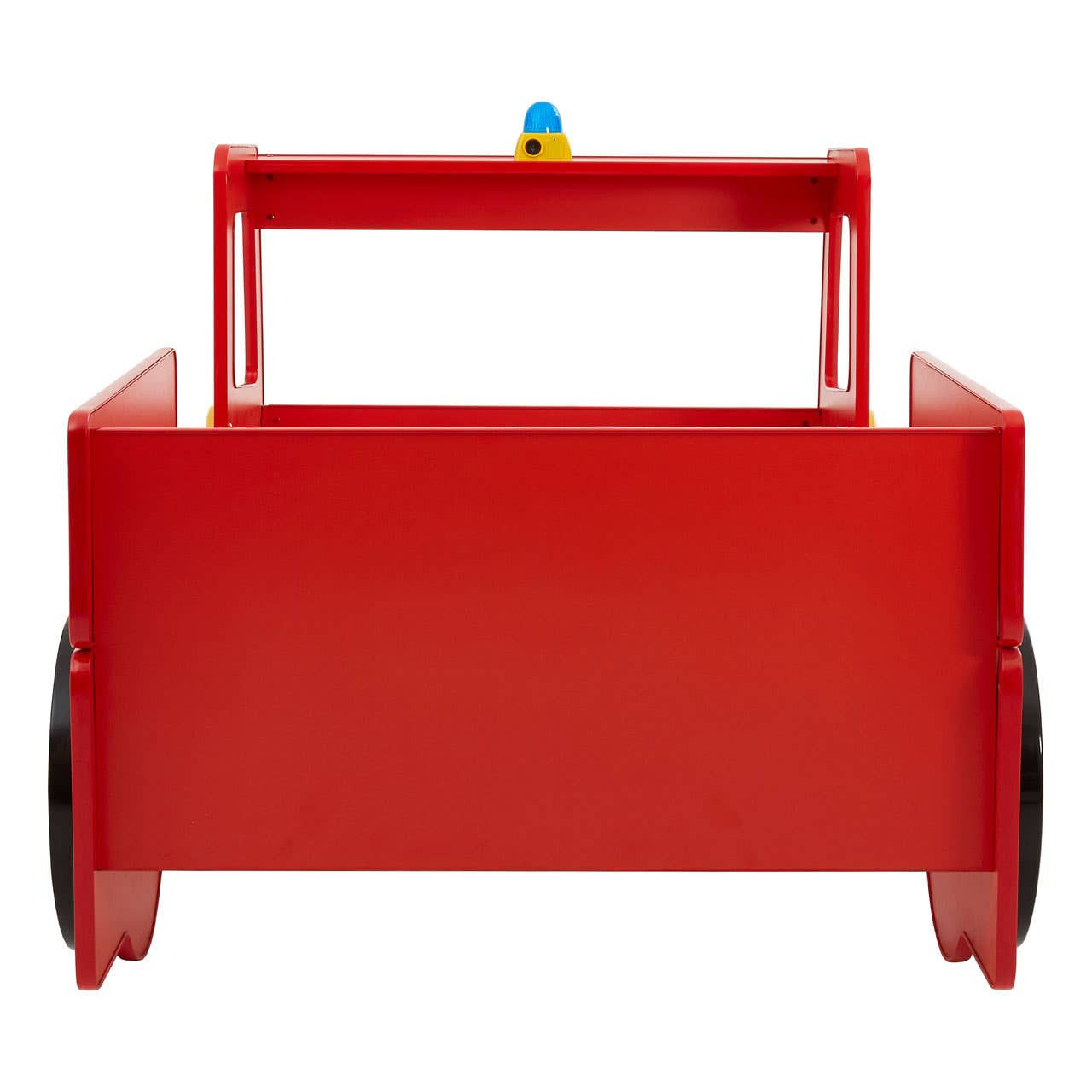 Bright red bed designed to resemble a fire engine, featuring a sturdy front with a handle and two large black wheels on either side. A colorful light on top adds a playful touch