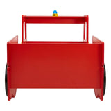 Bright red bed designed to resemble a fire engine, featuring a sturdy front with a handle and two large black wheels on either side. A colorful light on top adds a playful touch