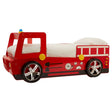 A vibrant red bed designed to resemble a fire engine, featuring a cab with a windshield, wheels, and decorative fire truck details. The bed has a white mattress area and playful accents like a blue light on top