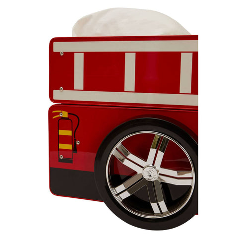 A vibrant red bed designed to resemble a fire engine, featuring a detailed side with white ladder graphics and a large, shiny wheel. The bed has a raised headboard and a cozy mattress on top, perfect for kids who love imaginative play