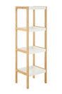 Four-tiered shelf unit featuring a combination of white shelves and a natural wood frame, designed with clean lines and a minimalist aesthetic. The unit stands upright with open shelving, allowing for easy access and display of items