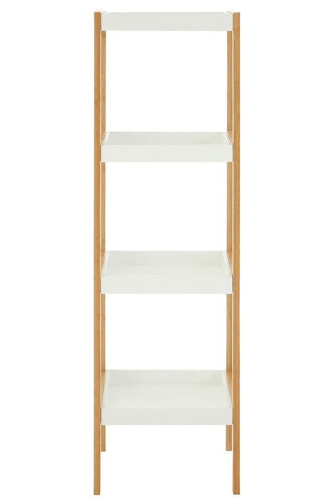 Four-tiered shelf unit featuring a natural wood frame and white shelves, designed for storage and display. The unit has a minimalist style with clean lines and a light, airy appearance