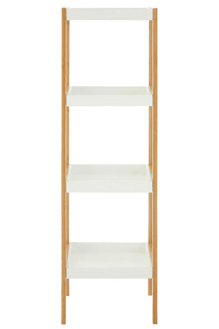 Four-tiered shelf unit featuring a natural wood frame and white shelves, designed for storage and display. The unit has a minimalist style with clean lines and a light, airy appearance