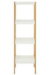 Four-tiered shelf unit featuring a natural wood frame and white shelves, designed for storage and display. The unit has a minimalist style with clean lines and a light, airy appearance