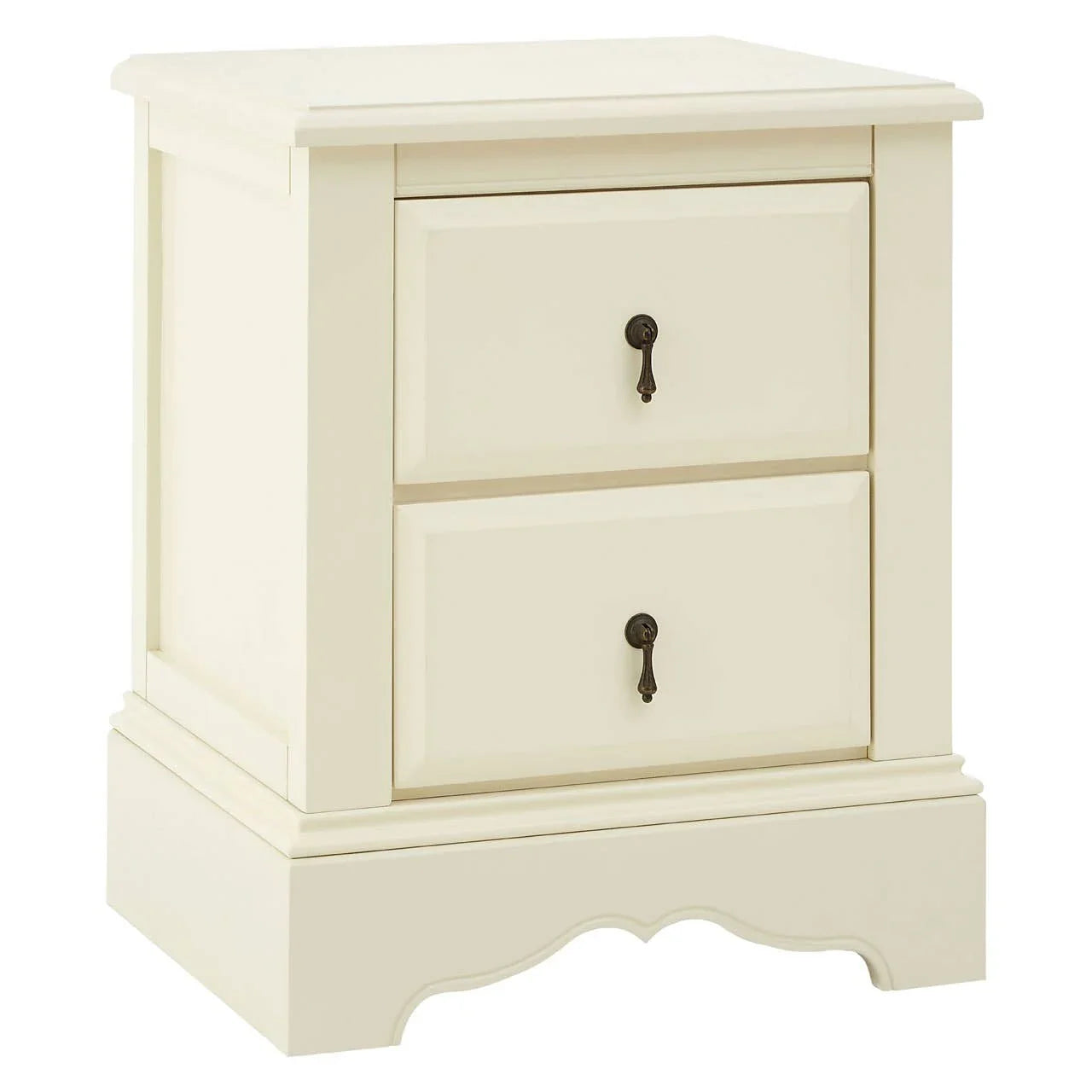 Cream wood bedside table with two drawers and metal handles, classic style