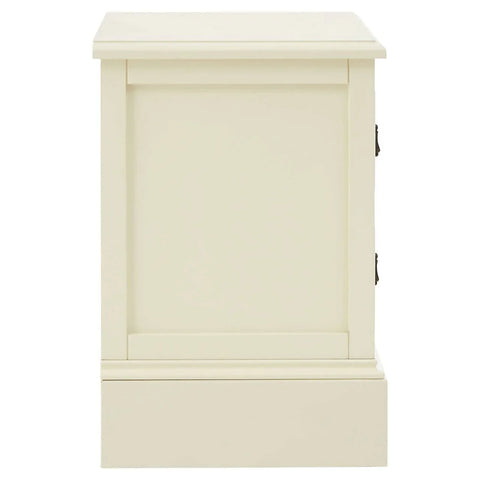 Side view of cream painted wooden storage cabinet with panel detailing