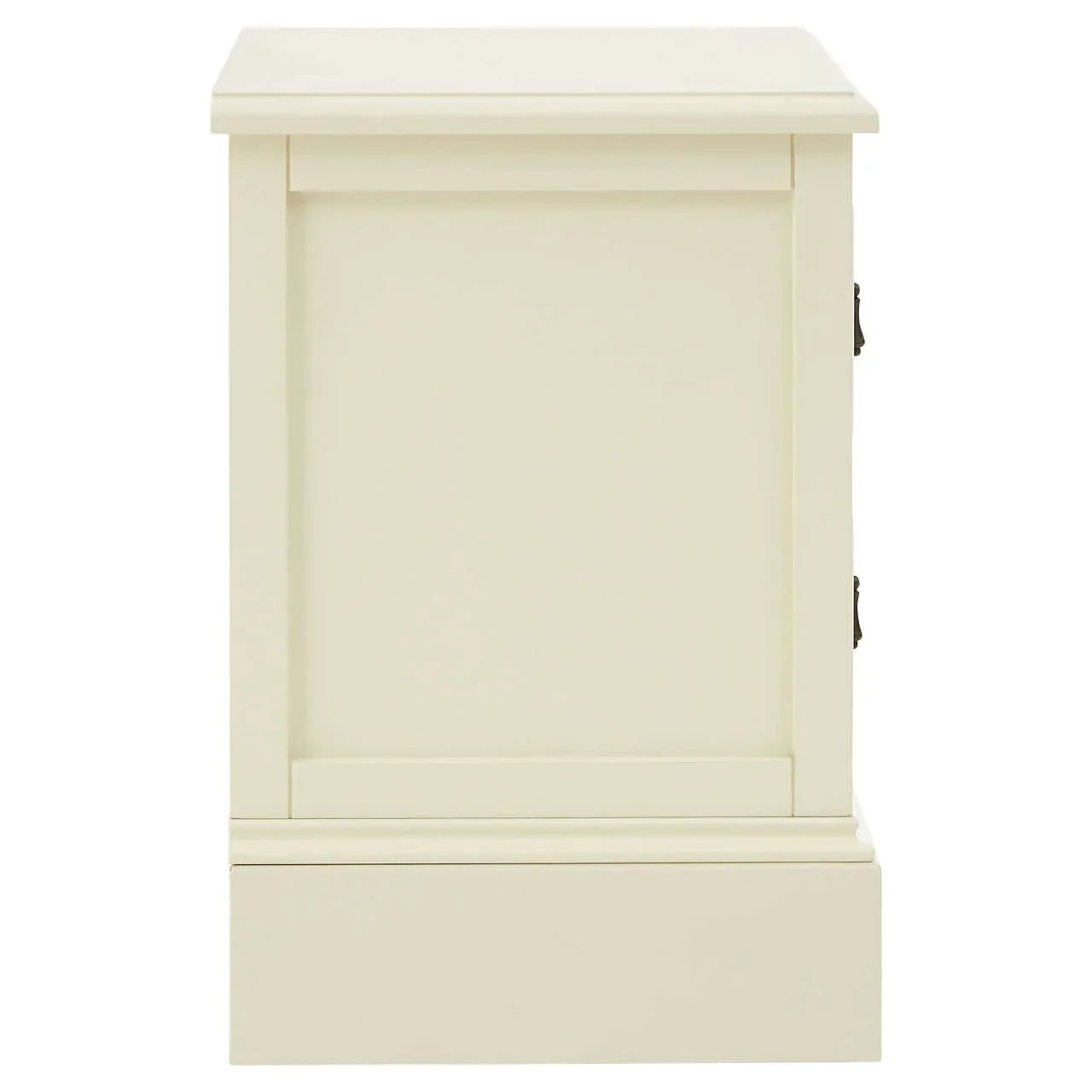 Side view of cream painted wooden storage cabinet with panel detailing