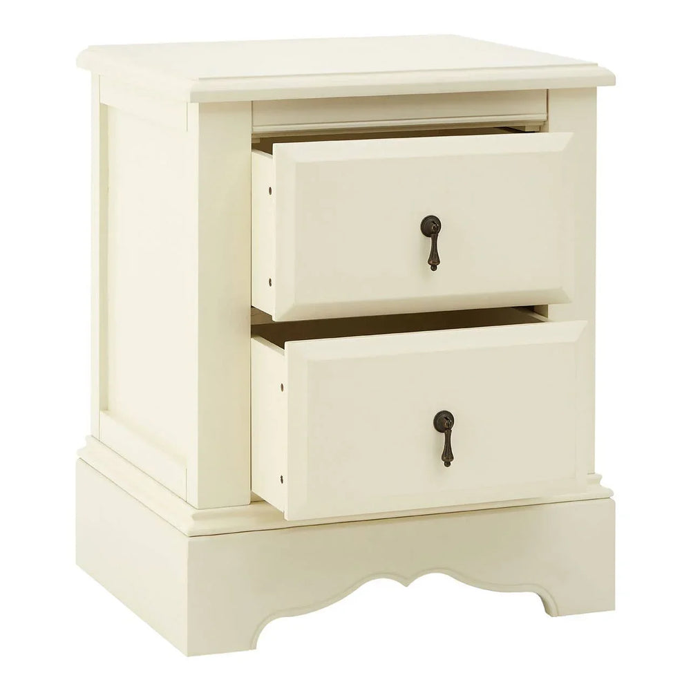 Cream bedside table with two open drawers and antique style handles, front view