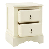 Cream bedside table with two open drawers and antique style handles, front view