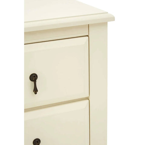 Cream bedside cabinet with two drawers and metal handles, close corner view