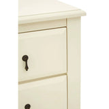 Cream bedside cabinet with two drawers and metal handles, close corner view