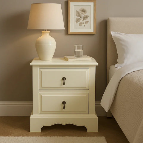 Cream bedside table with two drawers, lamp, book, and glass of water beside a bed