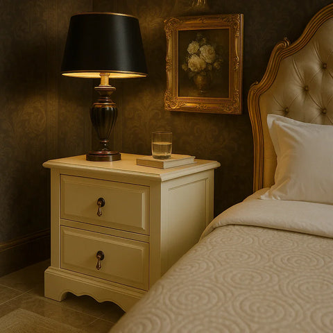 Cream bedside table with two drawers, lamp, book, and glass next to upholstered bed
