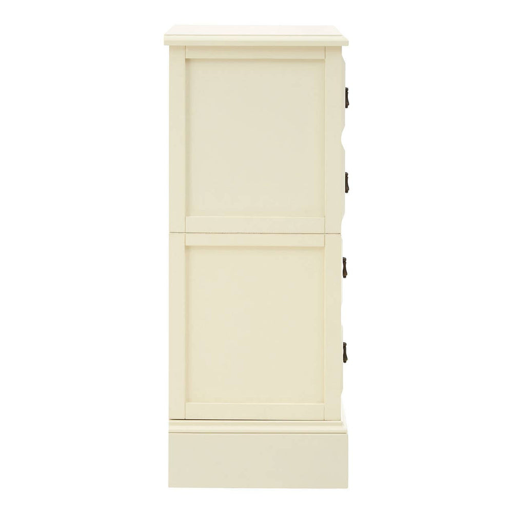 Tall ivory chest featuring four drawers with simple metal handles, designed with a clean and modern aesthetic. The chest has a smooth finish and a rectangular shape, suitable for various home decor styles