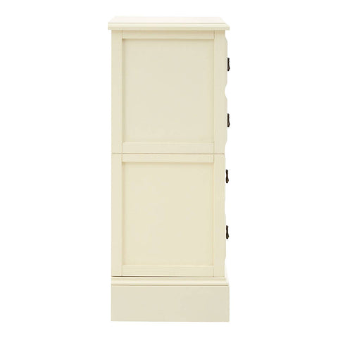 Tall ivory chest featuring four drawers with simple metal handles, designed with a clean and modern aesthetic. The chest has a smooth finish and a rectangular shape, suitable for various home decor styles