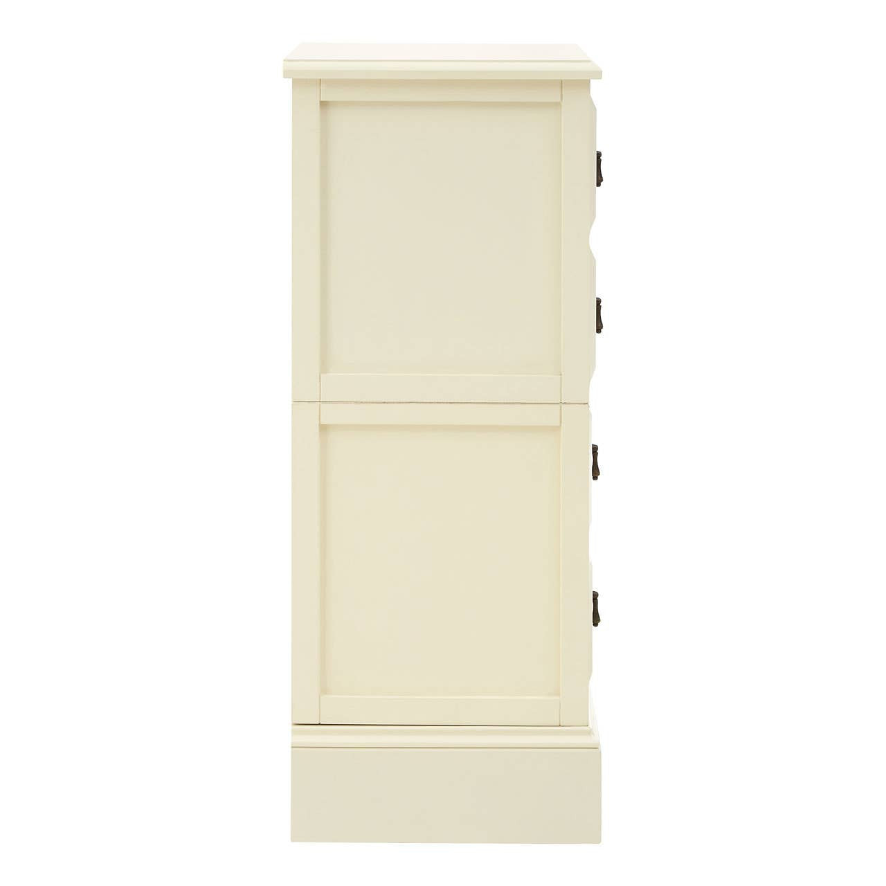 Tall ivory chest featuring four drawers with simple metal handles, designed with a clean and modern aesthetic. The chest has a smooth finish and a rectangular shape, suitable for various home decor styles