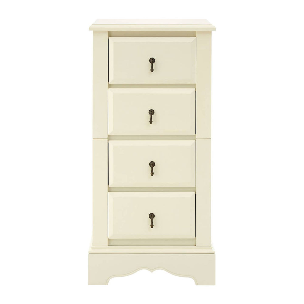 Florence Ivory Chest featuring four spacious drawers with decorative metal handles, a smooth ivory finish, and a classic design with a slightly curved base