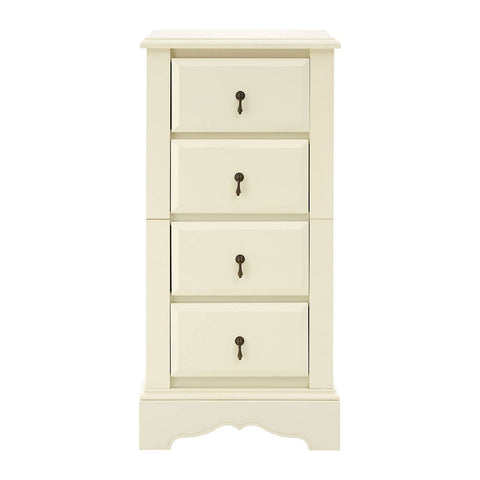 Florence Ivory Chest featuring four spacious drawers with decorative metal handles, a smooth ivory finish, and a classic design with a slightly curved base