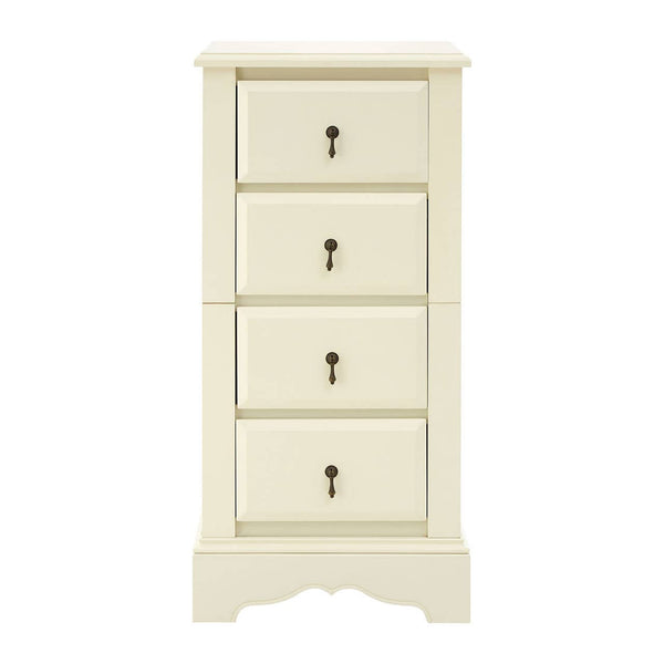 Florence Ivory Chest featuring four spacious drawers with decorative metal handles, a smooth ivory finish, and a classic design with a slightly curved base