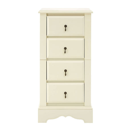 Florence Ivory Chest featuring four spacious drawers with decorative metal handles, a smooth ivory finish, and a classic design with a slightly curved base