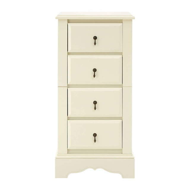 Florence Ivory Chest featuring four spacious drawers with decorative metal handles, a smooth ivory finish, and a classic design with a slightly curved base