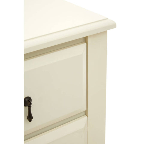 Close-up view of the Florence Ivory Chest featuring a smooth, light ivory finish, showcasing the top edge and one of the four drawers with a decorative black handle. The drawer has a subtle groove detail along the edge, enhancing its elegant design
