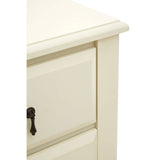 Close-up view of the Florence Ivory Chest featuring a smooth, light ivory finish, showcasing the top edge and one of the four drawers with a decorative black handle. The drawer has a subtle groove detail along the edge, enhancing its elegant design