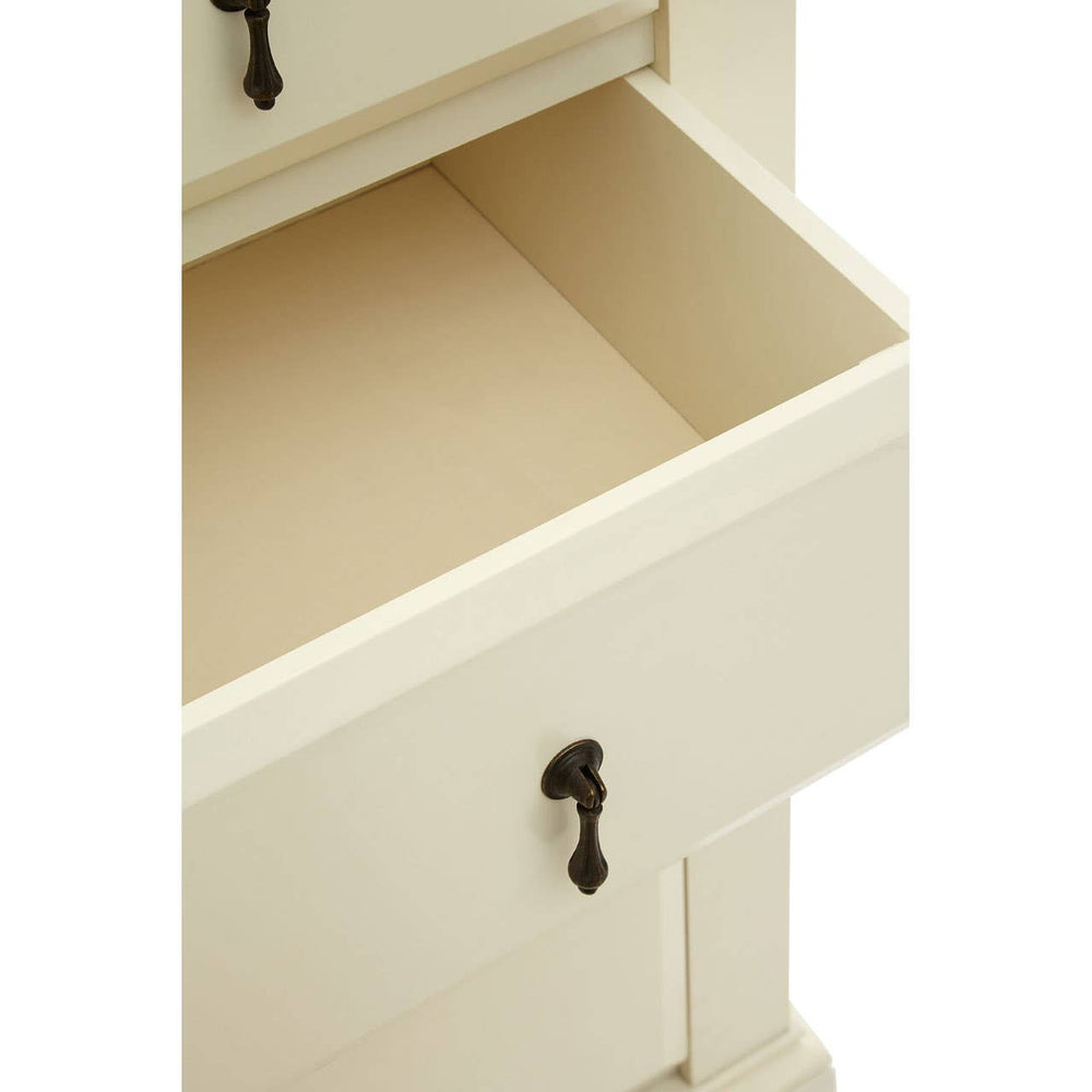 Close-up view of an open drawer from the Florence Ivory Chest of 4 Drawers, showcasing a smooth, beige interior and a decorative black handle. The surrounding edges of the chest are visible, highlighting its elegant ivory finish