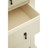 Close-up view of an open drawer from the Florence Ivory Chest of 4 Drawers, showcasing a smooth, beige interior and a decorative black handle. The surrounding edges of the chest are visible, highlighting its elegant ivory finish