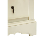 The Florence Ivory Chest features a smooth, ivory-colored finish with a decorative scalloped base. It has four spacious drawers, each adorned with a vintage-style keyhole and a dark metal handle, providing both functionality and a classic aesthetic