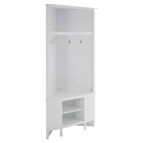 A white corner coat bench featuring a tall back with a shelf and three hooks for hanging coats, along with a lower section that includes an open shelf and a closed storage compartment. The bench is supported by slender legs