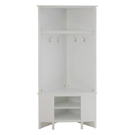 White corner coat bench featuring a top shelf, three hooks for hanging coats, and an open storage area with a lower shelf. The design is modern and compact, suitable for entryways or small spaces