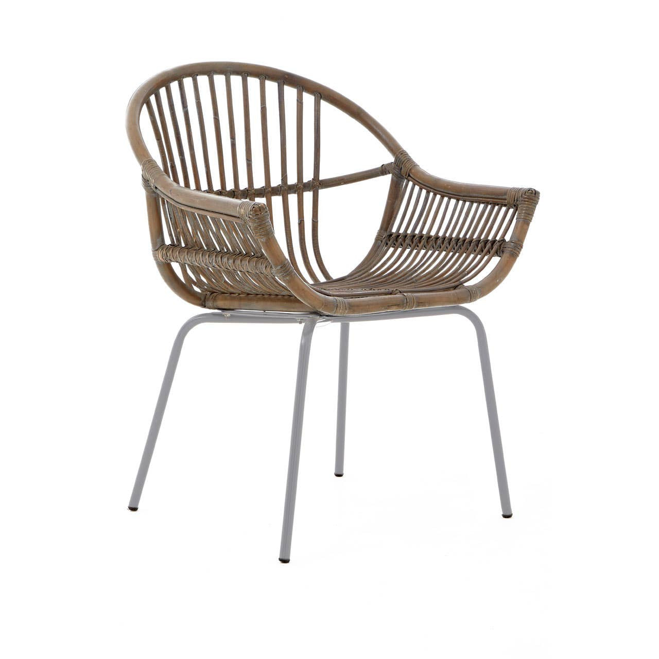 A stylish grey wash rattan chair featuring a curved backrest and open armrests, supported by sleek metal legs. The natural texture of the rattan adds a warm, organic feel to the design, making it suitable for various home decor styles