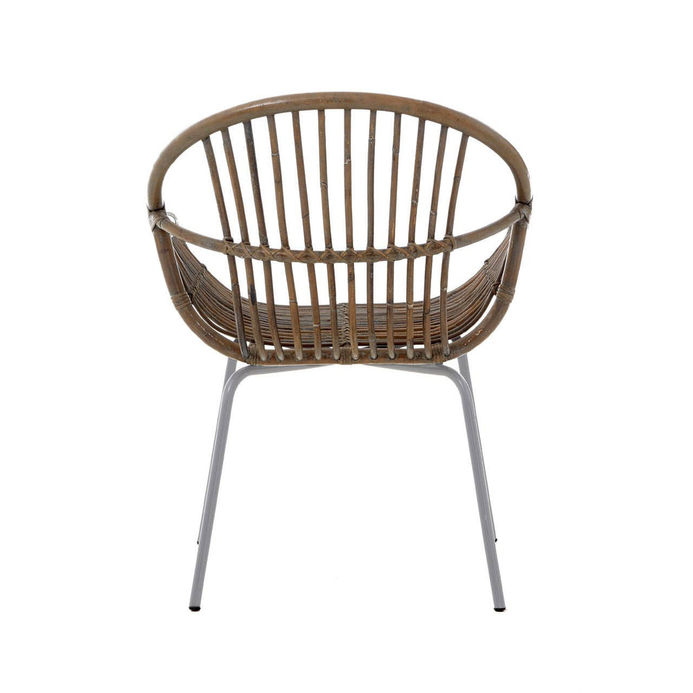 A round, grey wash natural rattan chair with a slatted backrest and a sleek metal base, showcasing a modern and minimalist design suitable for home decor