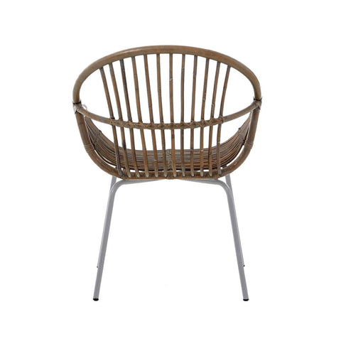 A round, grey wash natural rattan chair with a slatted backrest and a sleek metal base, showcasing a modern and minimalist design suitable for home decor