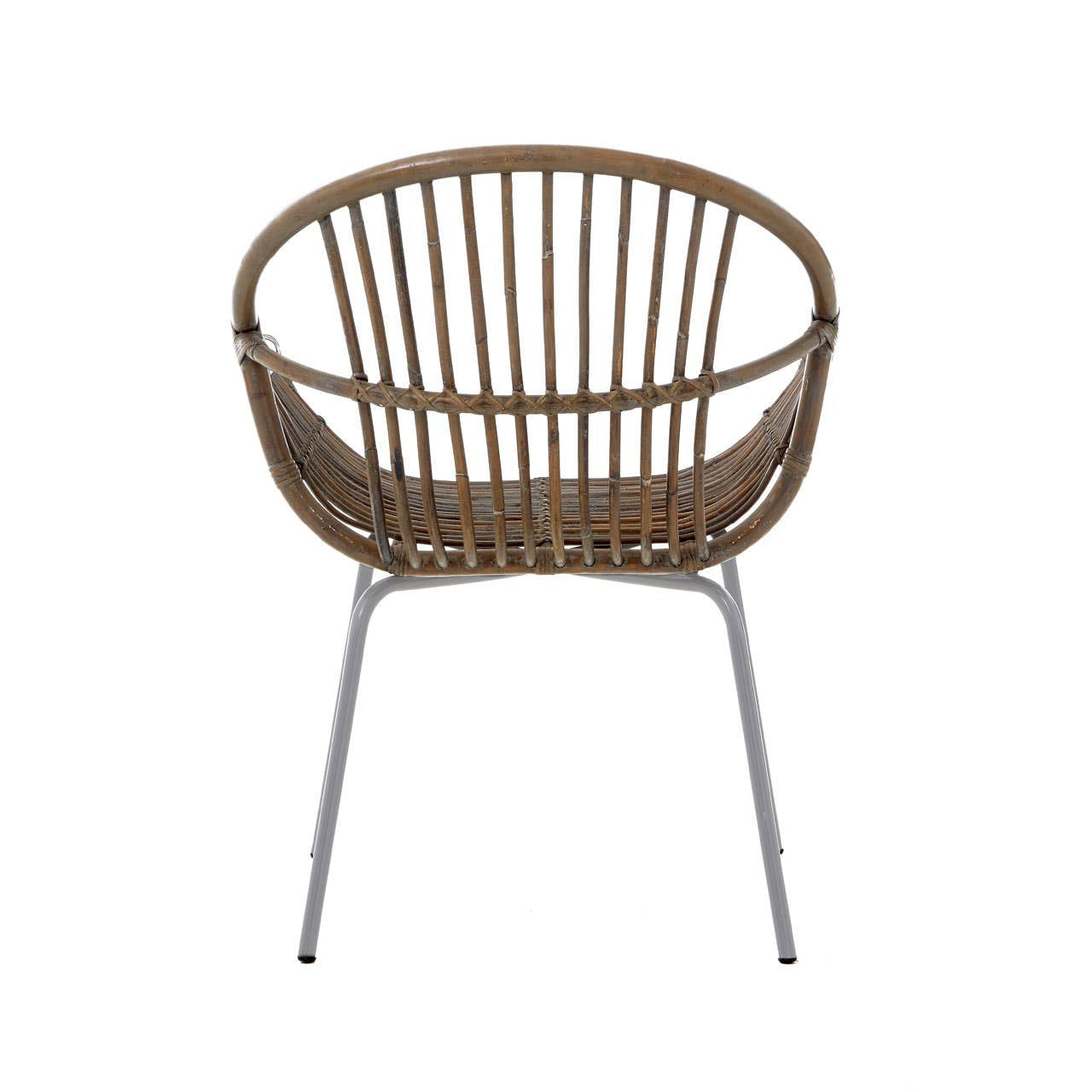 A round, grey wash natural rattan chair with a slatted backrest and a sleek metal base, showcasing a modern and minimalist design suitable for home decor