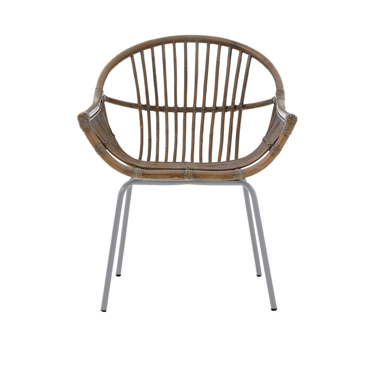 A grey wash natural rattan chair with a rounded backrest and slender vertical slats, supported by sleek metal legs. The chair features a comfortable, open design suitable for various home settings